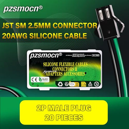 20 Pieces JST SM 2.5mm 2 Pin 20AWG Flexible Silicone Connector Kit - size: 2-Pin, style: JST-SM-M