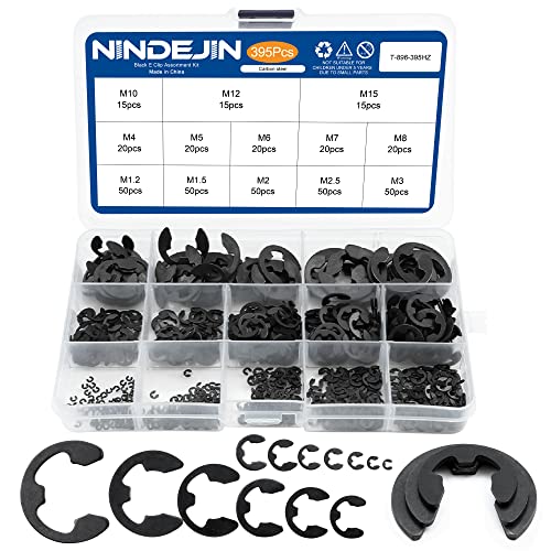 NINDEJIN 395PCS Retaining Rings E-Clip Assortment Set, 13 Sizes, Carbon Steel External Snap Ring, E-Clips Retainer Circlip Rings for Projects - Gears Pulleys Axles Shafts and Other Moving Parts - style: E-Clip Carbon Steel (395 pcs)