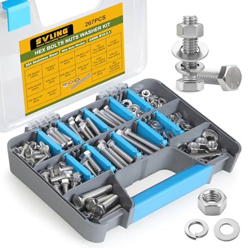 267PCS Hex Bolts and Nuts Assortment Kit,1/4-20, 5/16-18, 3/8-16 Bolt Nut and Flat Washers Assorted,304 Stainless Steel, Fully Threaded - size: SS 1/4,5/16,3/8 267PCS Hex Bolt