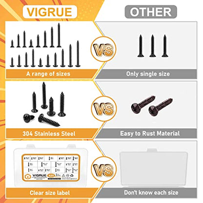 VIGRUE 425PCS #6#8 Black Wood Screw Set, Black Oxide 304 Stainless Steel Phillips Pan and Flat Head Self Tapping Screws Assortment Kit, Length 1/2" to 1-1/2" - size: 425PCS #6#8 Black Wood Screws
