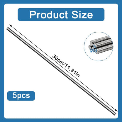 5 Pack M3 x 300mm Fully Threaded Studs, 304 Stainless Steel Right Hand Thread Rod, for Anchor Bolts, Clamps, Hangers, U-Bolts & RC Car Parts