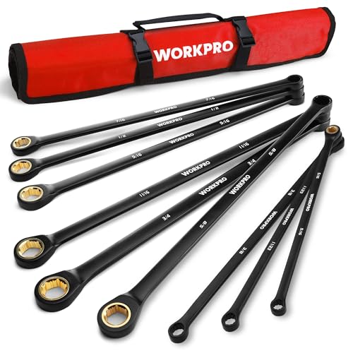 WORKPRO Extra Long Ratcheting Wrench Set, 9-Piece Anti-Slip Double Box End Wrench Set, SAE 5/16-3/4 in, 72-Tooth, Cr-V Steel and Black Electrophoretic Coating Wrenches with Rolling Pouch - size: SAE