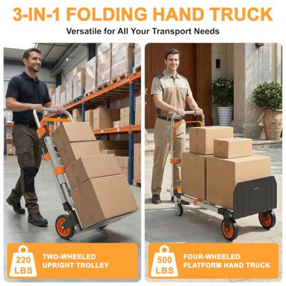 3 in 1 Aluminum Folding Hand Truck Dolly Cart Trolley with Wheels (Orange) - color: Orange Silver