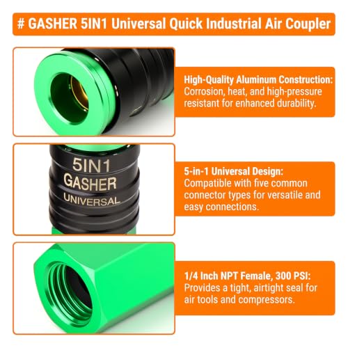 GASHER 1/4" FNPT 5IN1 Universal Quick Industrial Air Coupler Green - color: Green