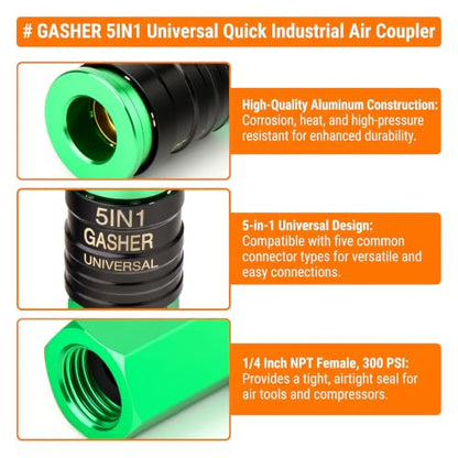 GASHER 1/4" FNPT 5IN1 Universal Quick Industrial Air Coupler Green - color: Green