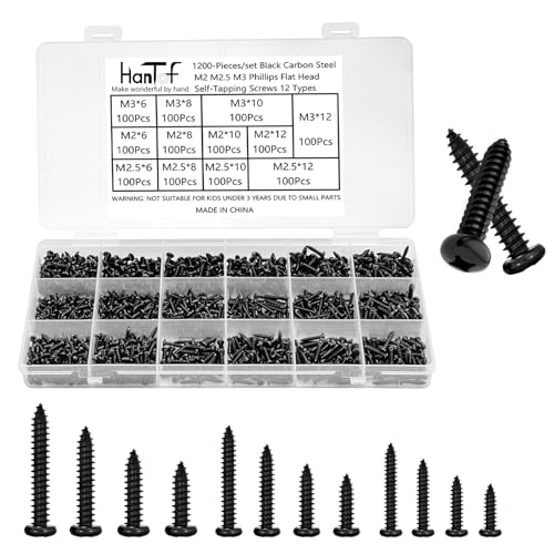 1200Pcs Black Tiny Self Tapping Screws for Wood, Plastic and Soft Metal. Phillips Pan Head M2 M2.5 M3 Small Tapper Screws Set for DIY Micro Woodworking Furniture Box. Carbon Steel - style: 1200Pcs Pan Head Wood Screws
