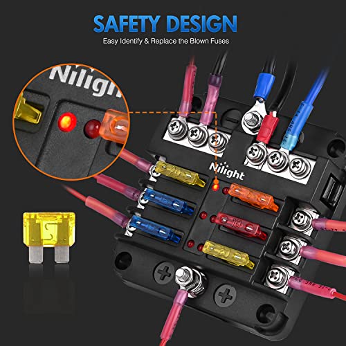 Nilight - 50055F 6 Way Blade Screw Fuse Block 6 Circuits with Negative Bus Fuse Box Holder with LED Indicator ATO/ATC Fuse Panel Waterproof Cover for 12V Automotive Cars Marine Boats RVs Trailers - color: 6Way Fuse Block