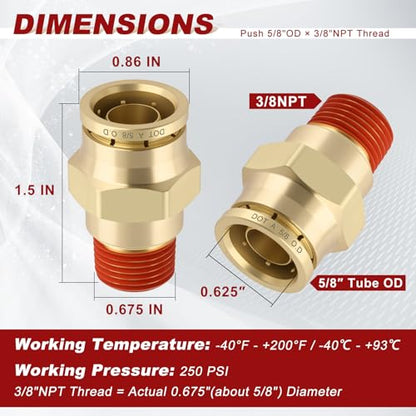 DOT Approved Male Straight Brass Union 5/8" Tube x 3/8" NPT, 4PCS - size: 5/8" OD x 3/8" NPT