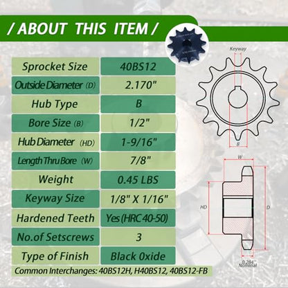 #40 Sprocket 12T 1/2" Bore Hardened Black Oxide - size: 12 teeth, style: 1/2" in bore