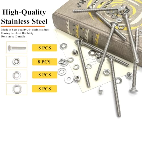 8 Sets 1/4"-20 x4 Carriage Bolts Round Head Square Neck Screws with Hex Nuts Flat Washers Spring Lock Washers 304 Stainless Steel Full Thread Coverage Square Neck Bolts Assortment Kit - size: 1/4"-20 x4"-8 Sets