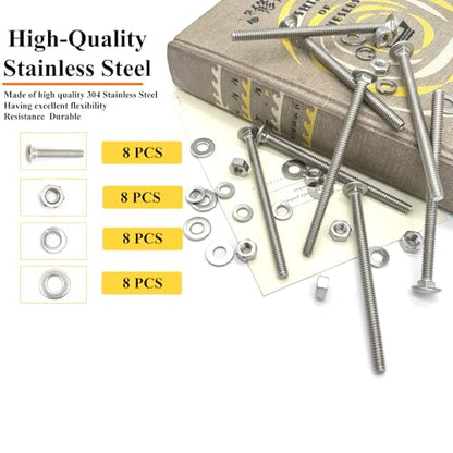 8 Sets 1/4"-20 x4 Carriage Bolts Round Head Square Neck Screws with Hex Nuts Flat Washers Spring Lock Washers 304 Stainless Steel Full Thread Coverage Square Neck Bolts Assortment Kit - size: 1/4"-20 x4"-8 Sets