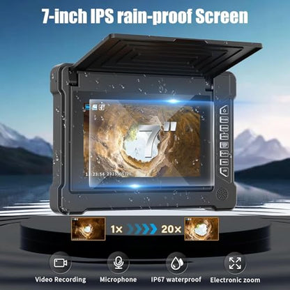 Sewer Camera 100FT/30M 7" IPS Screen Pipe Inspection Camera Borescopes Plumbing DVR & Audio Recorder 23mm with 32GB Card 12 LEDs HD 1000TVL Endoscope - size: 7inch-23MM-30M