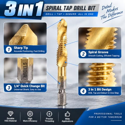 Metric Drill Tap Set, 6-Piece Titanium HSS Hex Shank Bits