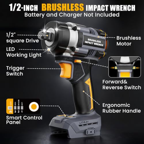 1/2" Cordless Impact Wrench 750 Ft-lbs Compatible with DeWalt 20V Battery