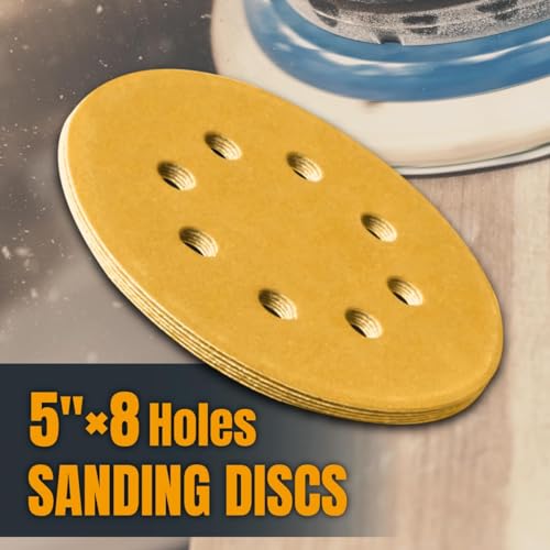 POWERTEC 200 PCS 150 Grit - 5 Inch 8 Hole Hook and Loop Sanding Discs, 5" Sanding Pads for Automotive, Drywall, Woodworking with Orbital Sander, Air, and DA Sander (44015G-50-P4) - size: 150 Grit, 200PK