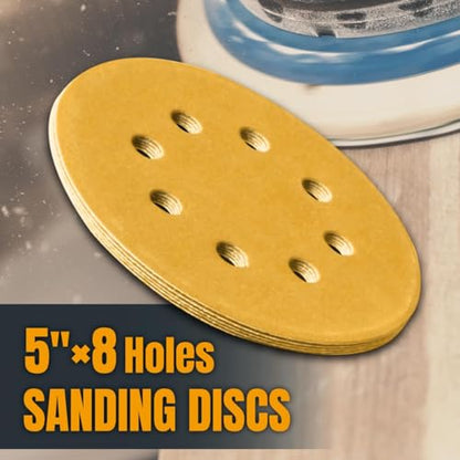 POWERTEC 200 PCS 150 Grit - 5 Inch 8 Hole Hook and Loop Sanding Discs, 5" Sanding Pads for Automotive, Drywall, Woodworking with Orbital Sander, Air, and DA Sander (44015G-50-P4) - size: 150 Grit, 200PK