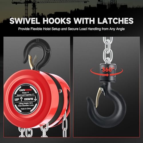 CREWORKS Hand Chain Hoist, 1 Ton 2200 lb Capacity 10 ft Manual Chain Hoist with G80 Load Chain & Galvanized Hand Chain, Heavy Duty Manual Lever Hoist for Construction Warehouse Automotive Factory - style: Round Hand chain hoist, 1 Ton, 10FT