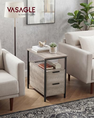 VASAGLE Side End Table with Charging Station, Slim Nightstand with Storage - color: Heather Greige + Ink Black, size: 23.6"D x 11.8"W