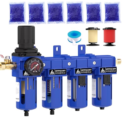 3/8" NPT 4 Stage Air Dryer for Compressor,Water Separator for Air Compressor,Brass Filter& Coalescing Filter,Double Desiccant Dryers & Air Regulator,Metal Bowl, Semi-Auto Drain (Blue) - size: 3/8" NPT