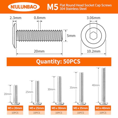 M5 x 20mm 25mm 30mm 35mm 40mm Flat Round Head Hex Socket Cap Screws Bolts, Furniture Screws, 304 Stainless Steel, Allen Hex Drive, Metric Fully Threaded, Bright Finish, Assortment Kit 50PCS - size: M5 x 20/25/30/35/40mm (50PCS)
