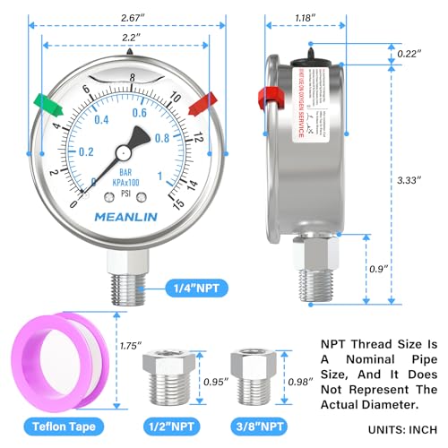 MEANLIN MEASURE 0~15Psi Stainless Steel Liquid Filled Pressure Gauge 2.5" FACE DIAL 1/4" NPT for Water Oil Air Well Pump Tank Tire Pressure Test Lower Mount with Stainless Steel Hex Bushing and Snaps - size: 0-15Psi, style: Lower Mount