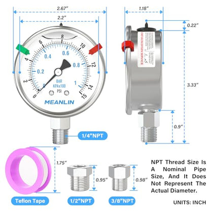 MEANLIN MEASURE 0~15Psi Stainless Steel Liquid Filled Pressure Gauge 2.5" FACE DIAL 1/4" NPT for Water Oil Air Well Pump Tank Tire Pressure Test Lower Mount with Stainless Steel Hex Bushing and Snaps - size: 0-15Psi, style: Lower Mount