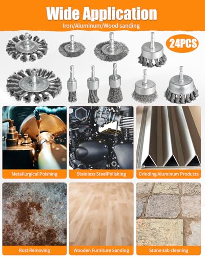 24 Pcs Wire Wheel Brush for Drill, Heavy Duty Drill Wire Brush Set - style: 24pcs(Twisted & Carbon Steel Wire)