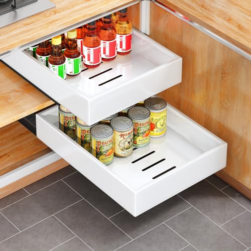 Pull out Cabinet Organizer, 21"Deep, 11.8"Wide Full-Extension Heavy Duty Slide out Drawers with Nano Adhesive, Roll Out Shelves Sliding Cabinet for Kitchen, Bathroom, Pantry,Under Sink Storage(White) - color: White, size: 11.8"Wide-21"Deep (1Pack）