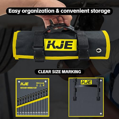 KJE 90-Teeth Metric 180° Flex-Head Ratcheting Wrench Set, Cr-V Steel, 12-Piece Metric 8-19mm Combination Wrenches set, Nickel Plating, with Organizer Bag, for Auto, Machine Repair, Gift - size: 12PCS Metric 8 - 19 mm