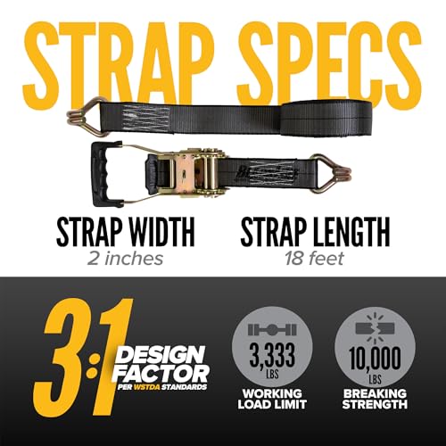 US Cargo Control Blackline Ratchet Straps Heavy Duty (2-Pack), 2 Inch x 18 Foot Black Ratchet Straps with Double J Hooks, 13,000 LBS Break Strength, Heavy Duty Tie Downs for Trucks and Trailers - size: 2" x 18' (Pack of 2)