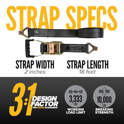 US Cargo Control Blackline Ratchet Straps Heavy Duty (4-Pack), 2 Inch x 18 Foot Black Ratchet Straps with Double J Hooks, 13,000 LBS Break Strength, Heavy Duty Tie Downs for Trucks and Trailers - size: 2" x 18' (Pack of 4)
