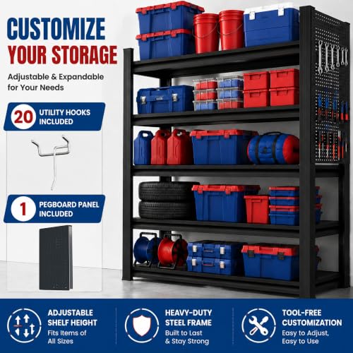 Garage Shelving, 3300 LBS Storage Shelves with Side Guard - size: 40"W×16"D×72"H-with Pegboard