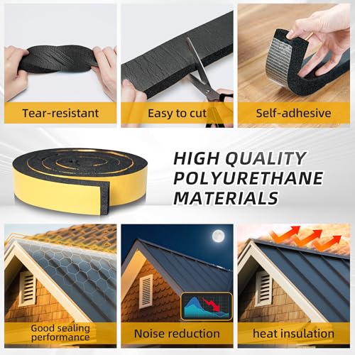 4PCS 6.6ft x 1.4in Metal Roof Foam Closure Strips Roll, Universal Vented Ridge Material with Self Adhesive, Polyurethane (PU) Insulating Felt Panels for Metal Roofing, Black - size: 26.4' Total, 1.4"w