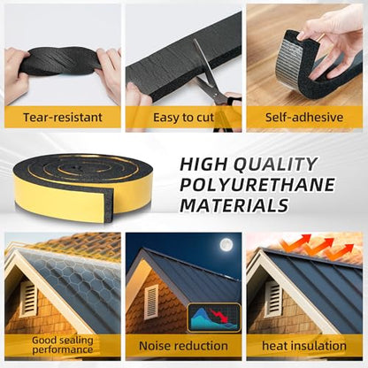 4PCS 6.6ft x 1.4in Metal Roof Foam Closure Strips Roll, Universal Vented Ridge Material with Self Adhesive, Polyurethane (PU) Insulating Felt Panels for Metal Roofing, Black - size: 26.4' Total, 1.4"w