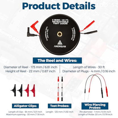 2 Wire 30 ft Retractable Test Leads with 4 mm Banana Plugs, 18 AWG Multimeter Test Leads with 4 Alligator Clips, 2 Test Probes and 2 Wire Piercing Probes, Test Lead Kit for Testing Electrical Circuits