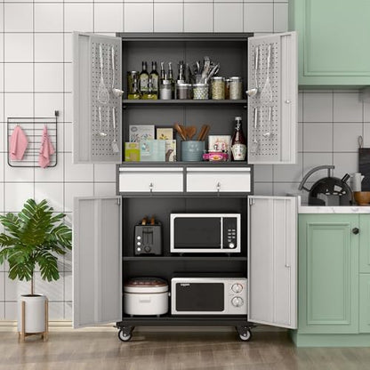 Reemoon 71" H Metal Garage Cabinet with Pegboard and 2 Drawers,Black-Silver - color: Black-silver, size: 15"D x 30.1"W x 71"H