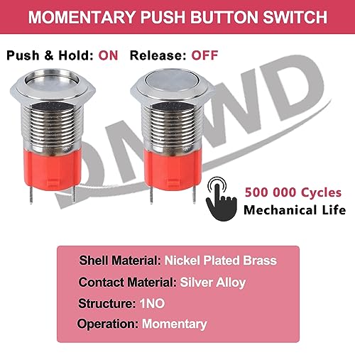 16mm Heavy Duty Momentary Metal Push Button Switch Waterproof Anti-Vandal Large Current 20Amp 12V 24V 110V (ON)-Off 1NO 2 Pins with Pre-Wired Socket for 5/8" Mounting Hole Without LED - color: Silver, size: 16mm Momentary
