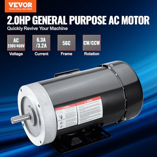 VEVOR 2HP Electric Motor 3450 RPM, AC 230V/460V, 56C Frame, Air Compressor Motor 3-Phase, 5/8" Keyed Shaft, CW/CCW Rotation for Agricultural Machinery and General Equipment - size: 2P-5/8" Shaft