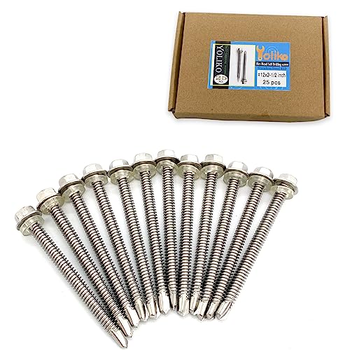 #12x2-1/2 Hex Washer Head Self Drilling Screws, 410 Stainless Steel, Self Tapping Sheet Metal Tek Screws, 25 PCS - size: 25 Pcs #12x2-1/2