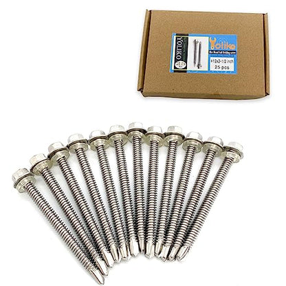 #12x2-1/2 Hex Washer Head Self Drilling Screws, 410 Stainless Steel, Self Tapping Sheet Metal Tek Screws, 25 PCS - size: 25 Pcs #12x2-1/2