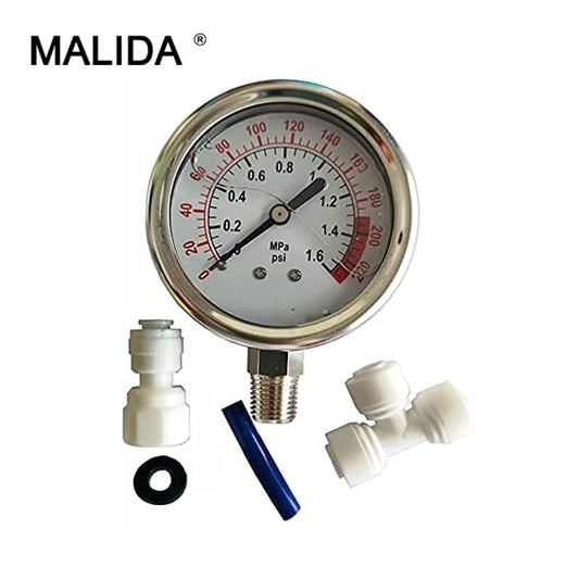 Malida Stainless Water Pressure Test Gauge, Water Pressure Detector for Aquarium Meter 0-1.6MPa 0-220psi Reverse Osmosis System Pump with 1/4. (Pack of 2) - size: 2 Pack