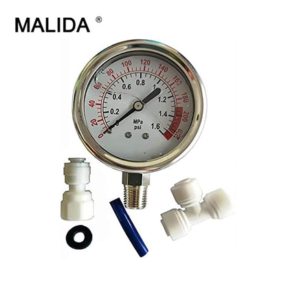 Malida Stainless Water Pressure Test Gauge, Water Pressure Detector for Aquarium Meter 0-1.6MPa 0-220psi Reverse Osmosis System Pump with 1/4. - size: 1 Pack