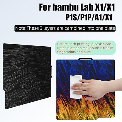 Build Plate for Bambu Lab A1 P1P P1S P2S X1 X1C X1E - Holographic Smooth PEI Build Plate Flexible Spring Steel 3D Printer Bed with Easy Release for PLA PETG TPU ABS - color: Ice Fire + Wood Grain