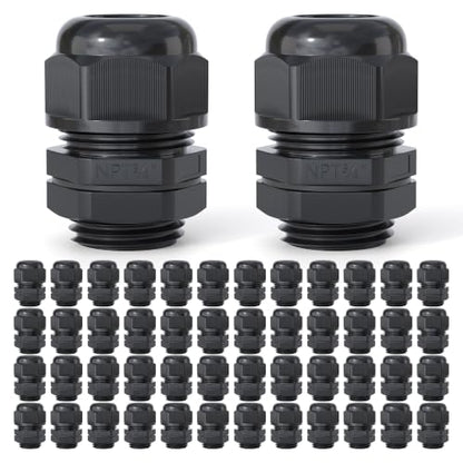 50 Pcs 3/4" NPT Cable Glands, IP68 Waterproof Nylon PA66 - size: 3/4" NPT 50PCS