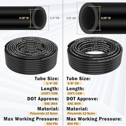 CheeMuii 76 Pcs Brass DOT Air Line Fittings with 1/4" & 3/8" DOT Air Hoses - size: 2ROLL-80PCS-BLACK