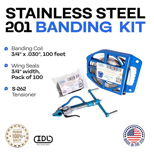 IDL Packaging 3/4" Stainless Steel 201 Banding Kit - Heavy-Duty Banding Tool + 3/4" x 0.03" x 100' Stainless Steel 201 Banding Coil + 100 Stainless Steel Wing Seals - size: 3/4" x 0.03" x 100', style: SS 201 + Seals