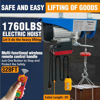 Electric Hoist 2 in 1,Electric Hoist 1760lbs, Bigorenda 110v Electric Hoist Winch with 328ft Wireless Control & Wired Remote Control, 65.6ft Lifting Garage Lift Hoist,for Factories, Warehouses, Attic - color: Blue