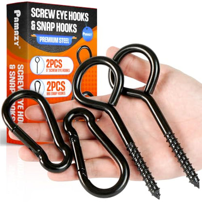2Pcs 5” Heavy-Duty Screw Eye Hooks+2Pcs M8 Snap Hooks, Eyelet Screw-In Hook