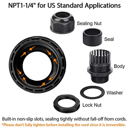 LeMotech 5 Pack NPT 1-1/4" Cable Glands Waterproof Adjustable 24-32mm Cable Connectors Black Nylon Joints with Gaskets - color: Black, size: 1-1/4inch 5-pack