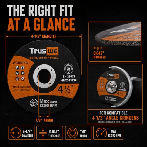 4-1/2 Inch Cut Off Wheels, 52 Count Ultra Thin Metal Cutting Discs for Angle Grinders, 0.045 x 7/8 Inch, for Steel and Stainless Steel, Up to 13,300 RPM - size: 4 1/2 Inch